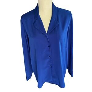 Long sleeve royal blue blouse with pleated neck detail.  Size 12
